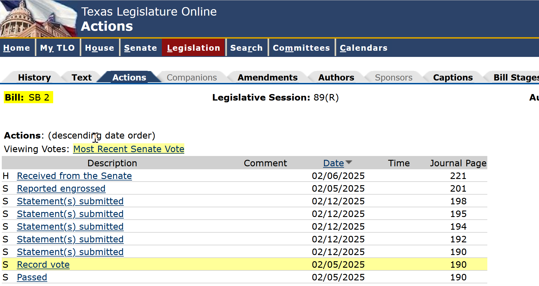 TLO Senate Vote Example